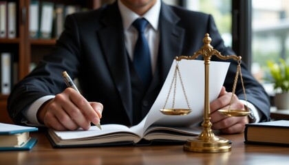 lawyer reviewing case files in office, scales of justice symbol, legal expertise