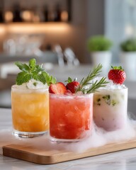 Colorful refreshing cocktails served in elegant glasses during a vibrant summer gathering at a modern bar