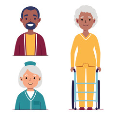 Fototapeta premium Diverse people including elderly woman in wheelchair and nurse illustration healthcare
