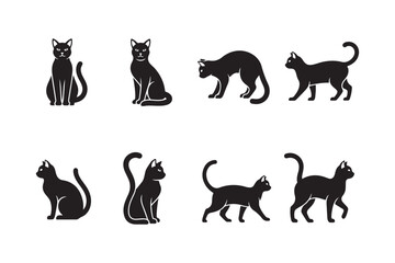 Black Cat Silhouettes in Various Poses on White Background 1