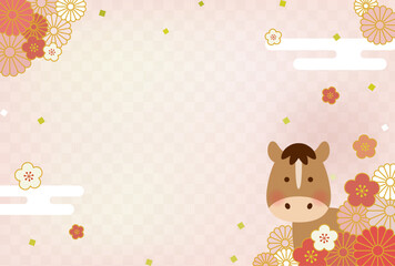 2026年 午年 年賀状イラスト｜かわいい馬と和風花柄のデザイン