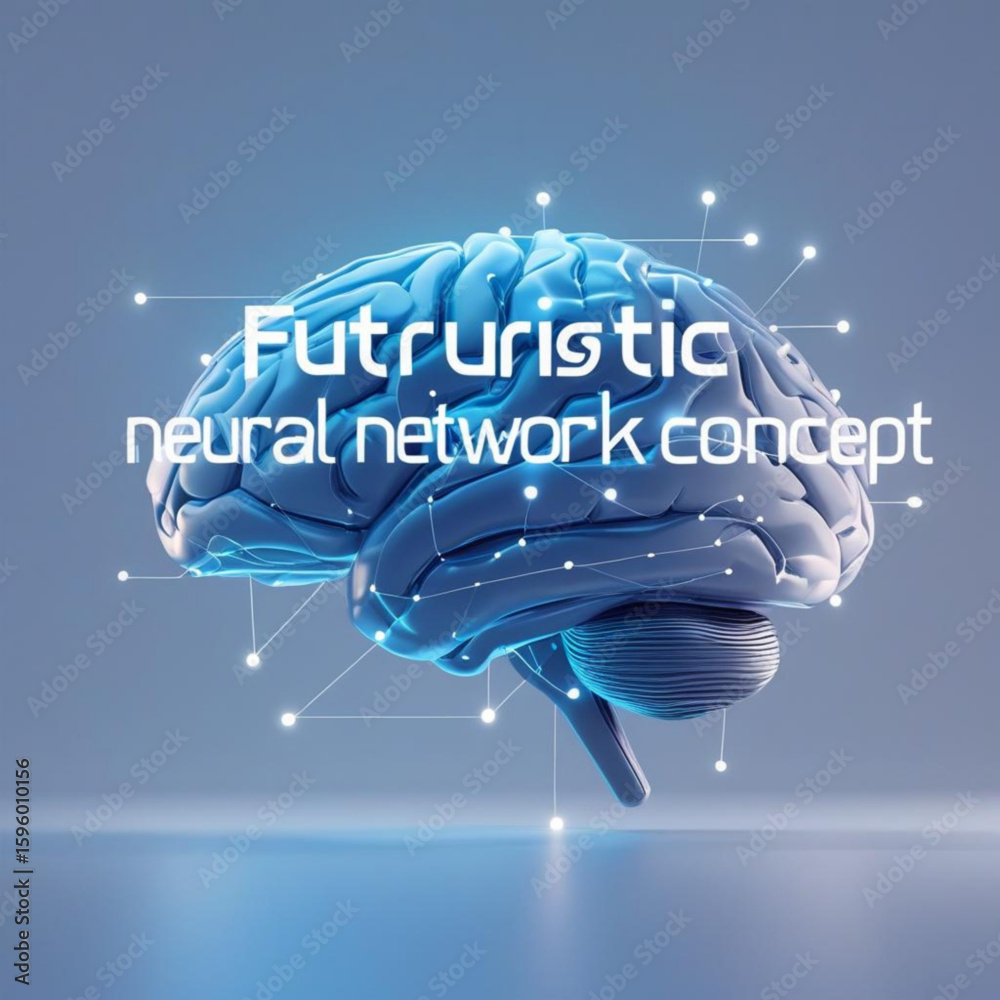 Poster anatomical rendering of a human cerebrum with connected dots representing neural pathways and intell