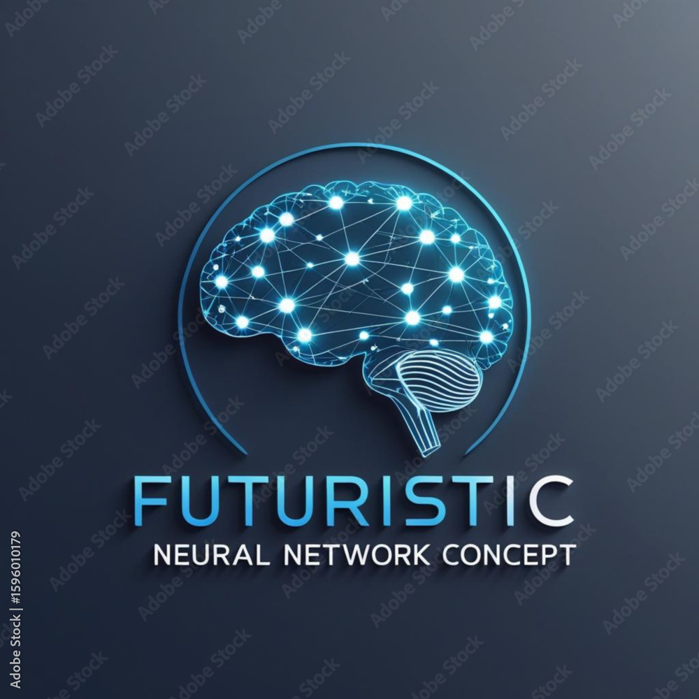 Poster glowing neural network illustration within a circle on a dark surface with futuristic text below it