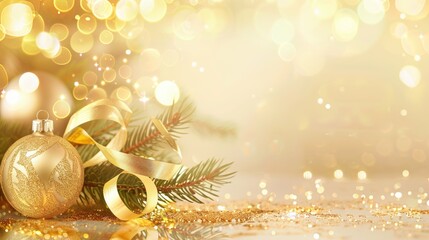 Elegant golden christmas ornaments with snowflakes on blurred bokeh lights background and free place for text