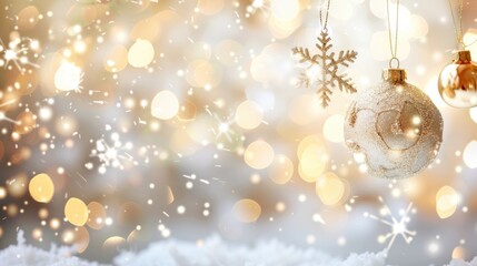 Elegant golden christmas ornaments with snowflakes on blurred bokeh lights background and free place for text