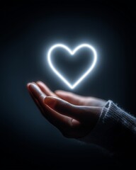 Fototapeta premium Hands Holding Neon Heart Symbol Against Dark Background