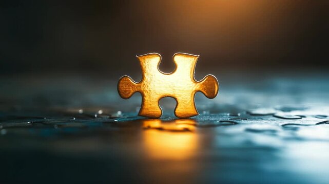 Golden puzzle piece standing on illuminated board against dark backdrop