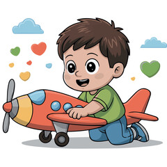 Clean and modern vector  cartoon illustration of a boy playing with a toy airplane vector graphic for kids and children design