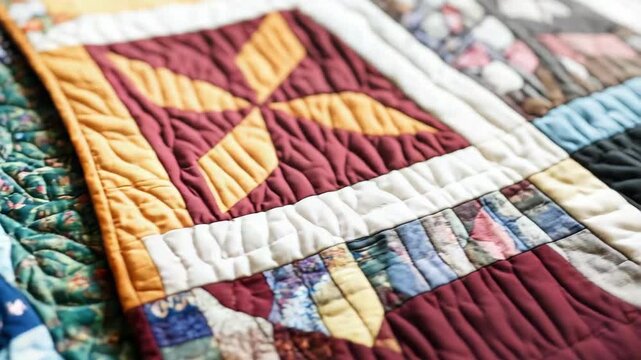 Colorful handmade quilts with intricate geometric patterns on fabric