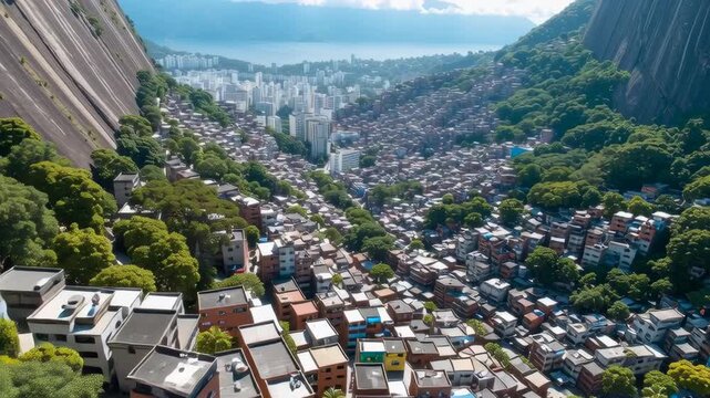 A vibrant hillside favela in Rio de Janeiro, showcasing densely packed housing and lush greenery.