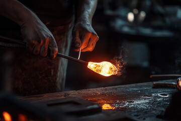 In fiery workshop craftsman skillfully shapes metal with creativity and passion. Generative AI