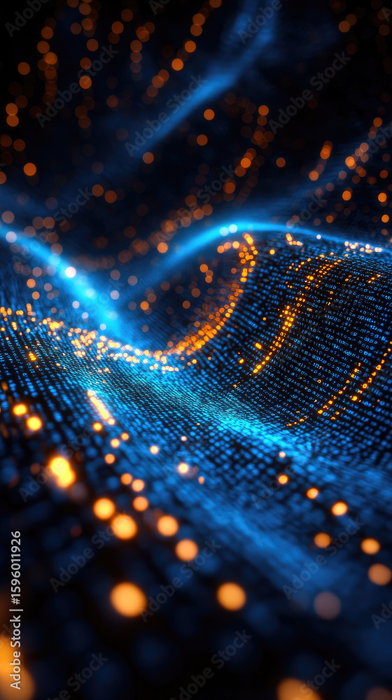 Poster flowing blue and yellow binary data stream with glowing digital lines and particles, representing te