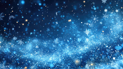 A blue winter background with sparkling snowflakes and shimmering lights. The scene evokes a festive and magical atmosphere, perfect for holiday themes.