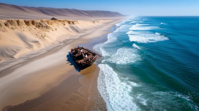 A weathered shipwreck rests on the sandy beach, next to the ocean.