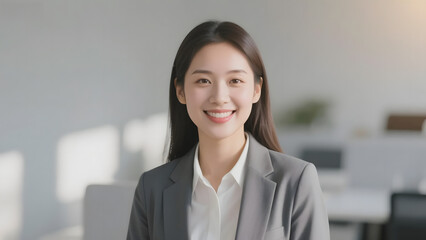 Professional woman in a modern office setting, wearing a gray blazer and white shirt, smiling at the camera.