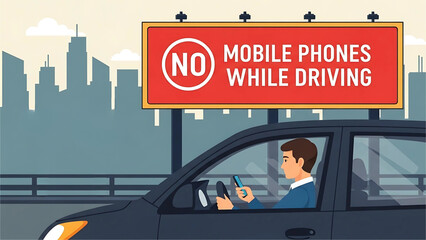 A person texting while driving under a large “No Mobile Phones While Driving” billboard