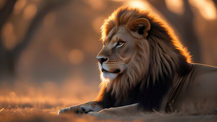 Obraz premium Majestic Male Lion Resting at Sunset in African Savanna