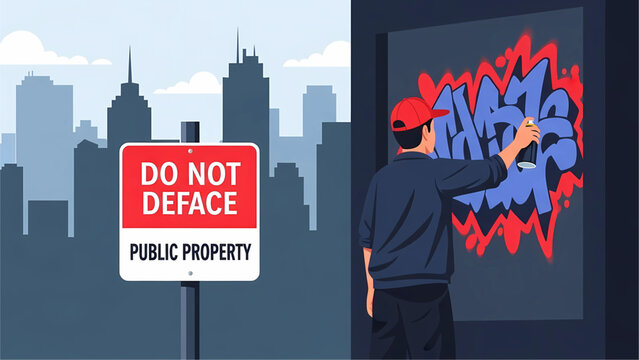 A person spray-painting graffiti over a wall that displays a “Do Not Deface Public Property” sign.