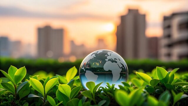 A glass globe of the earth sits in green foliage with a city skyline at sunset in the background