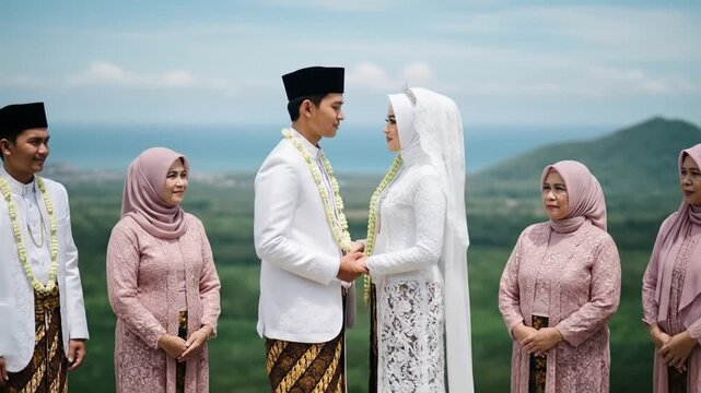 Beautiful Indonesian Wedding Ceremony with Stunning Mountain View and Traditional Attire