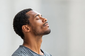 Obraz premium A man with curly hair experiences peace and relaxation, basking in soft natural light with a calm expression on his face