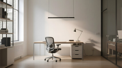 Modern minimalist office setup with a desk, chair, and shelving unit in a bright room