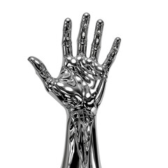Sleek chrome hand sculpture glistening on transparent backdrop evoking futuristic concepts and