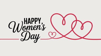 happy women's day greeting card design with elegant typography and three interconnected hearts on light gray background, celebrating love and unity
