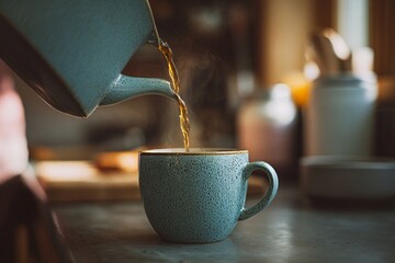 A handcrafted ceramic cup is filled with steaming tea in a rustic kitchen, creating a warm and inviting atmosphere perfect for relaxation