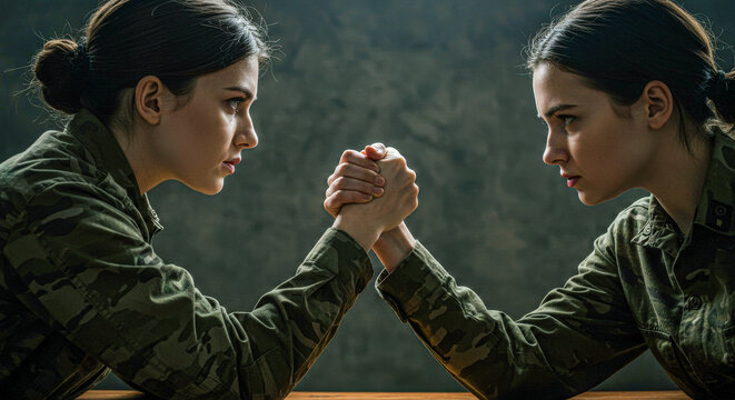 Two women in military uniforms arm wrestle. Strength and competition concept for challenging power and sport.