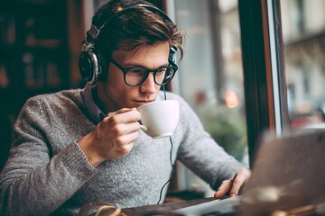 A young man wearing headphones sips coffee while focused on his laptop in a warm, inviting cafe filled with natural light