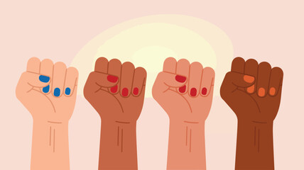 illustration of raised fists with diverse skin tones and painted nails, symbolizing unity, resistance, and empowerment on peach glow background