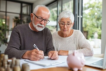 Two older adults are analyzing financial documents at a table, focusing intently in a well-lit, cozy room filled with plants