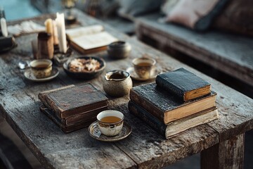 A rustic wooden table displays vintage books and a cup of tea, creating a warm and inviting atmosphere perfect for reading