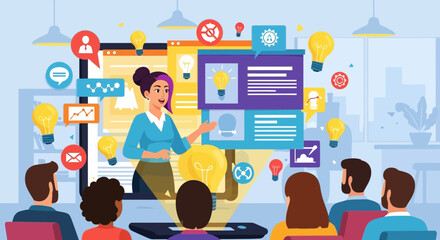 Online webinar with woman presenting ideas and business solutions to an audience sitting in front