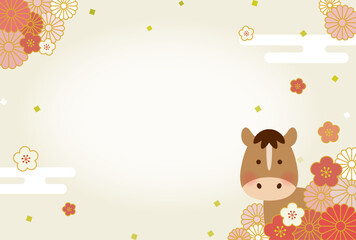 2026年 午年 年賀状イラスト｜かわいい馬と和風花柄のデザイン