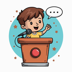 Clean and modern vector  cartoon kid giving speech at podium with microphone illustration for presentation and public speaking skills