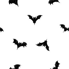 Bats with webbed wings fly. Digital illustration. Seamless pattern, isolated on a white background. Holiday, Halloween theme for postcards, invitations, fabric prints