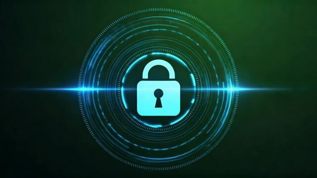 Digital Security Secure lock protection within a luminous Technology circle, safeguarding data privacy through layered encryption rings