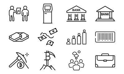 Finance and Banking Line Icon Set – Minimalist Business, Crypto, ATM, Money Transfer, Investment and Economy Icons Bundle for Digital Design and Web UI

