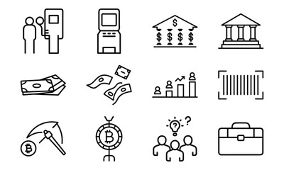 Finance and Banking Line Icon Set – Minimalist Business, Crypto, ATM, Money Transfer, Investment and Economy Icons Bundle for Digital Design and Web UI

