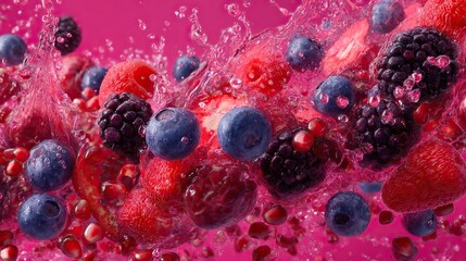 Fresh mixed berries splashing in pink juice healthy food concept
