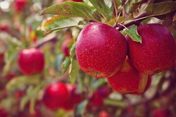 Obraz premium Ripe red apples on tree branch ready for harvest healthy food fruit
