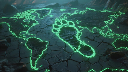 Glowing Green World Map with Footprint Overlay on Cracked Surface