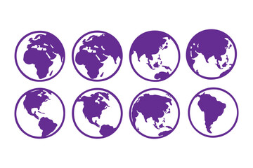 Earth globe icons. earth hemispheres with continents. vector world map set.