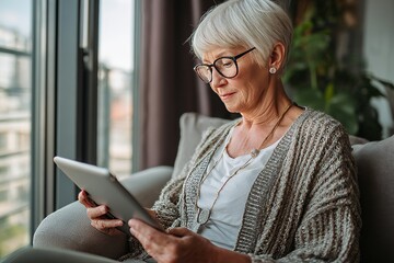 A senior woman sits comfortably on a sofa, engaging with a tablet in a bright, modern living space filled with plants