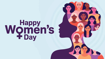 happy women's day greeting with profile silhouette filled with diverse female faces, celebrating empowerment, inclusion, and unity