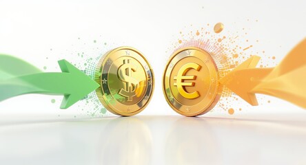 Gold coins with dollar and euro symbols financial transaction currency exchange illustration