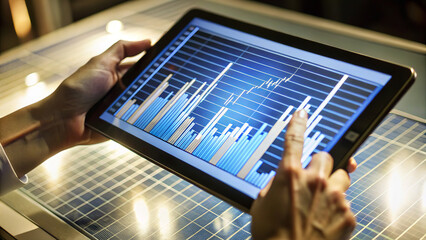 Close-up of hands interacting with a digital tablet displaying financial graphs and data visualizations, set against a vibrant, blurred cityscape at night. The screen illuminates the hands, while warm