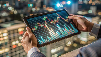Close-up of hands interacting with a digital tablet displaying financial graphs and data visualizations, set against a vibrant, blurred cityscape at night. The screen illuminates the hands, while warm